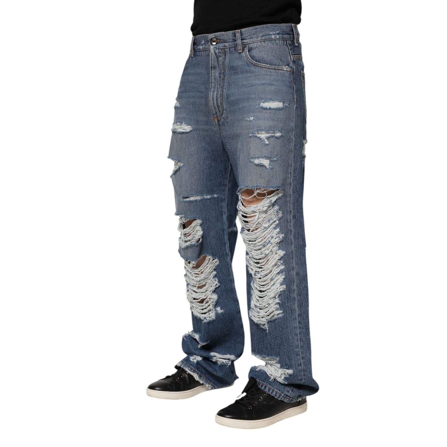 Dolce & Gabbana Blue Tattered Cotton Logo Plaque Denim Jeans