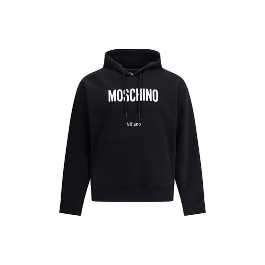 Moschino Black Cotton Sweatshirt with monogram, adjustable hood, and front pouch pocket for AW25 season.