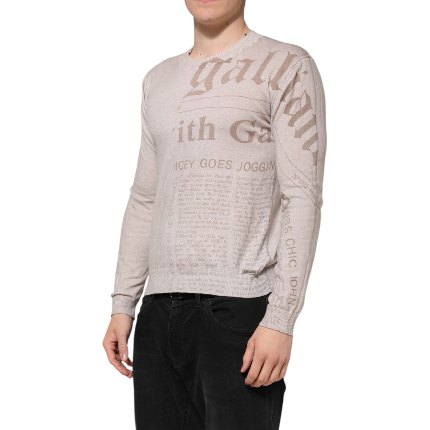 John Galliano Beige Printed Logo Roundneck Long Sleeves Men Sweater