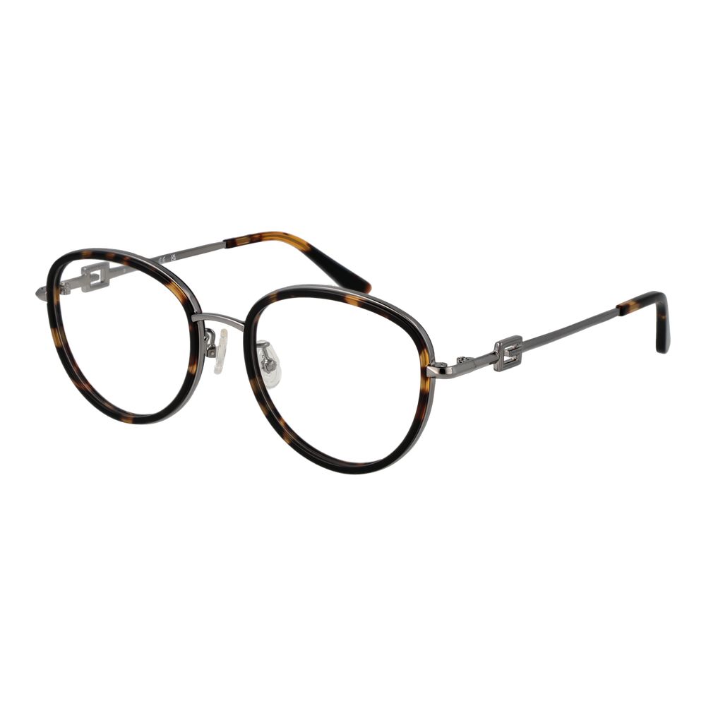 Guess Brown Women Glasses Frame in full-rim metal with demo lenses, featuring a round style and included branded case.
