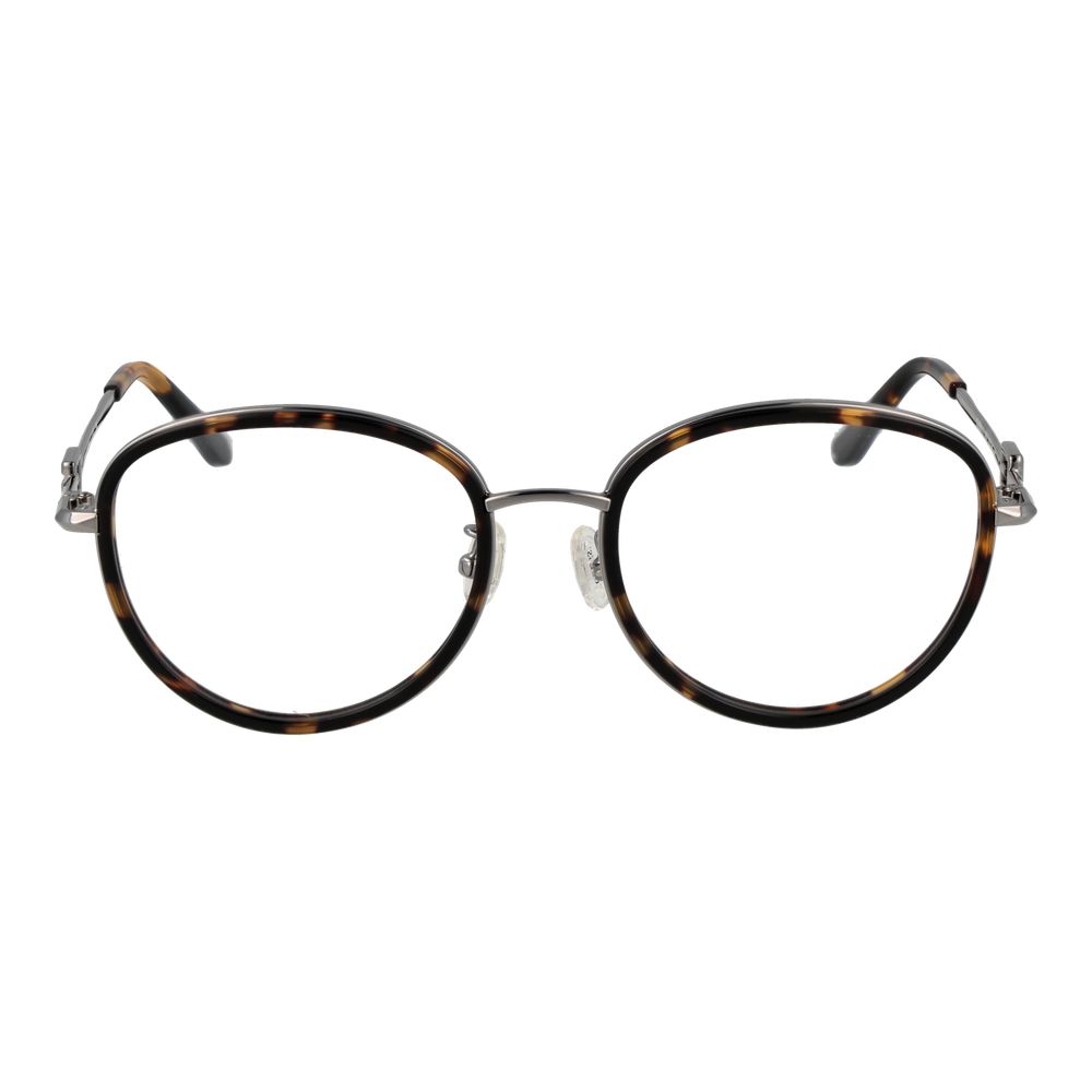 Guess Brown Women Glasses Frame, round full-rim style, metal material, demo plastic lenses, size 53-18-145, includes branded case.