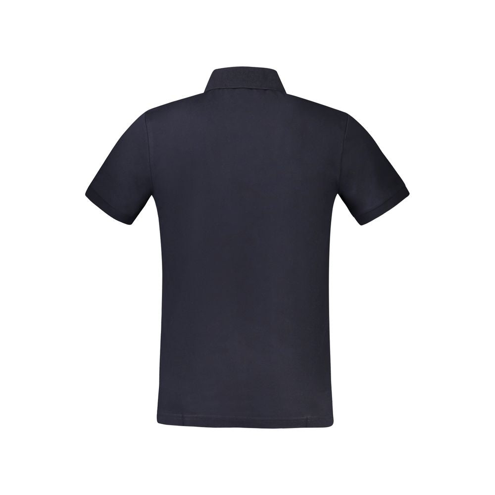 Hugo Boss Blue Cotton Polo Shirt with short sleeves, slim fit, featuring 2 buttons and logo embroidery on a navy backdrop.