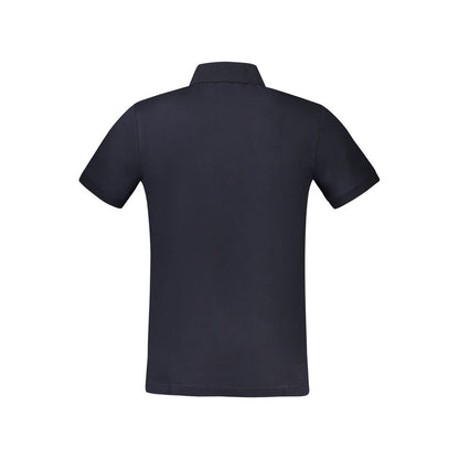 Hugo Boss Blue Cotton Polo Shirt with short sleeves, slim fit, featuring 2 buttons and logo embroidery on a navy backdrop.