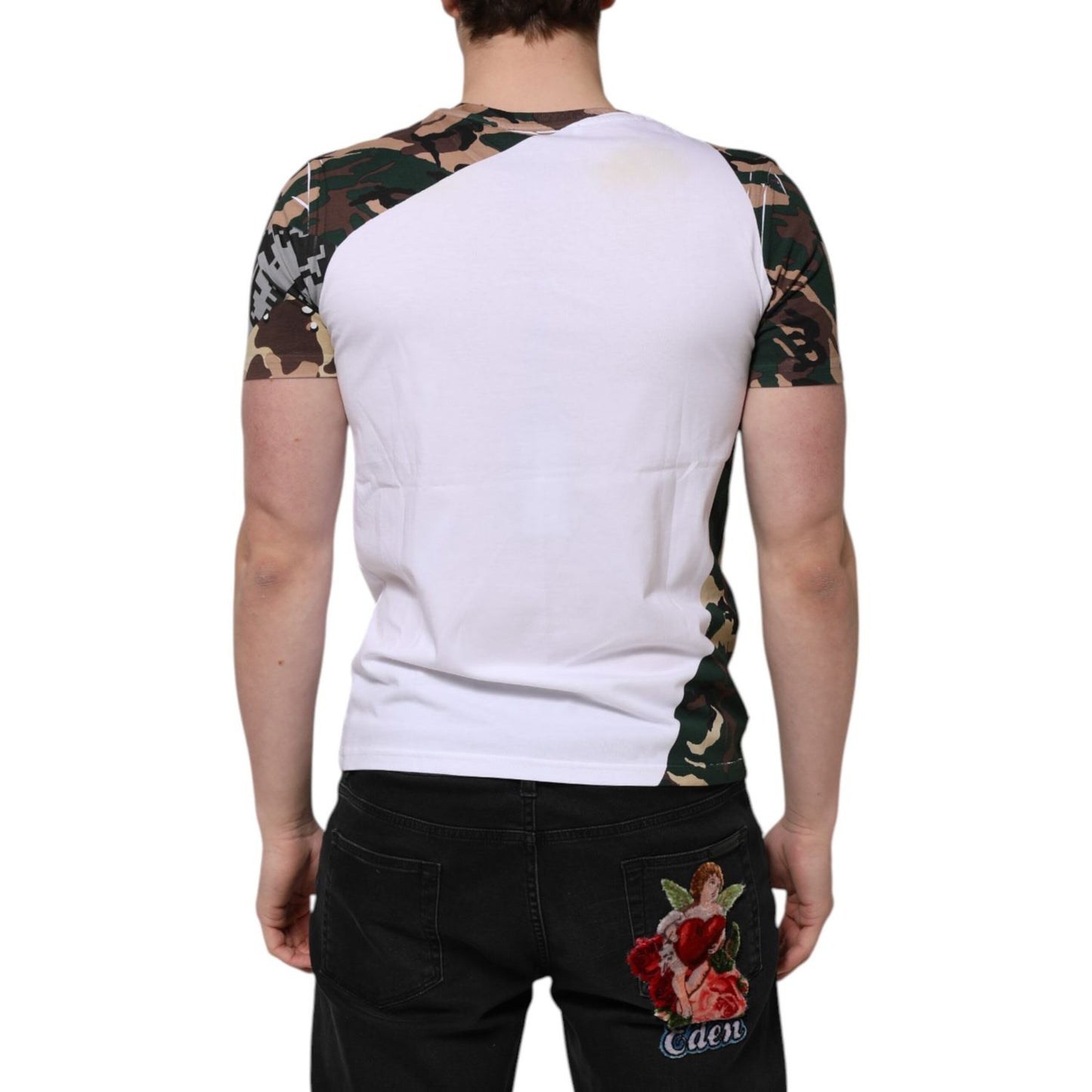 Dolce & Gabbana White Camouflage Cotton Men Crew Neck T-shirt