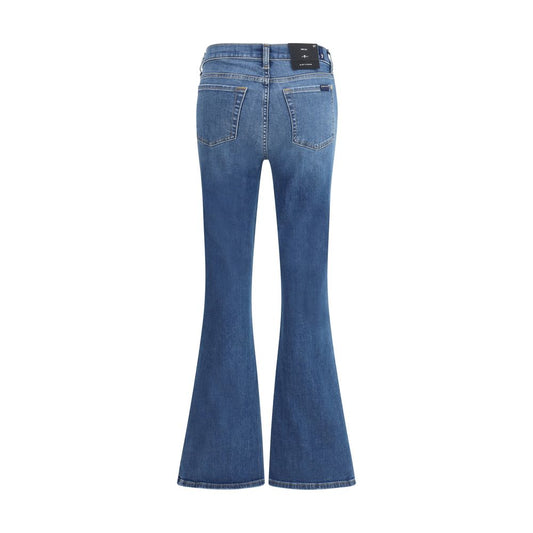 Back view of 7FOR Ali flare Jeans made of stretch fabric with high waist and five pockets, featuring a flared slim leg design.