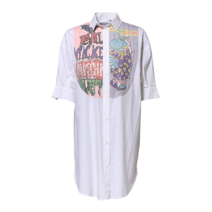 Moschino Couture White Printed Collared Button Mini Shirt Dress