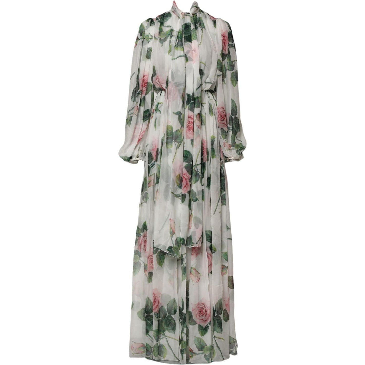 Dolce & Gabbana White Floral Roses Silk Maxi Long Gown Dress