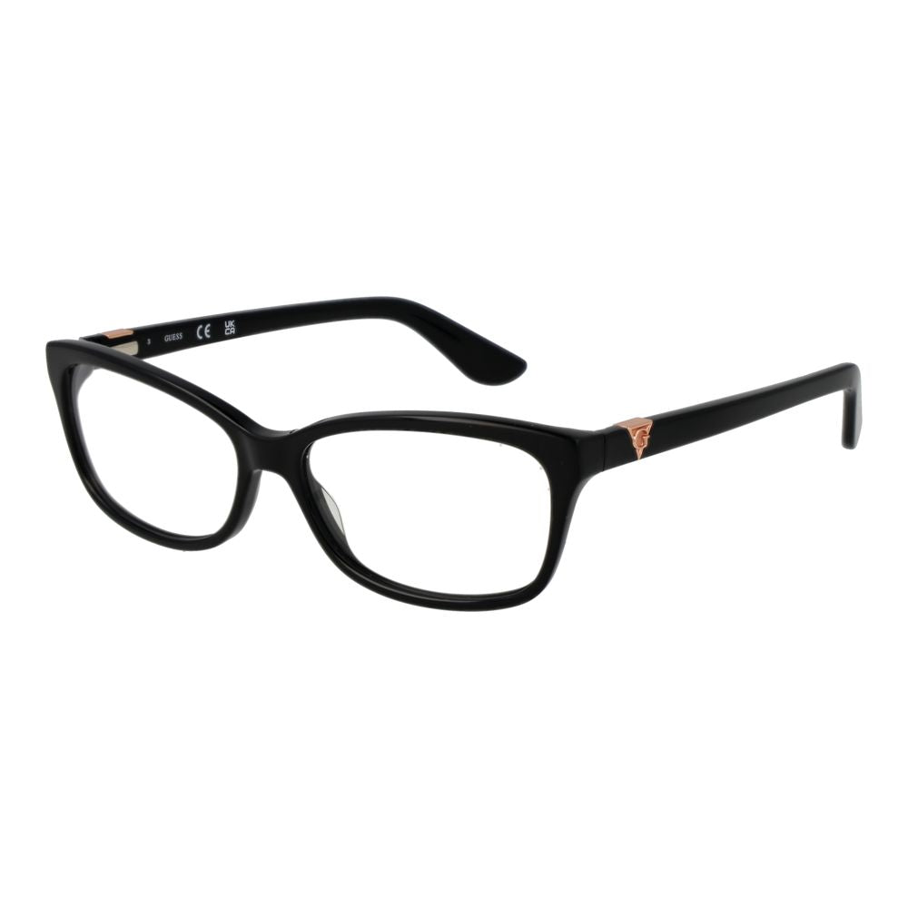 Guess Black Women Glasses Frame, acetate full-rim rectangle style with demo lenses, includes branded case, model for women.