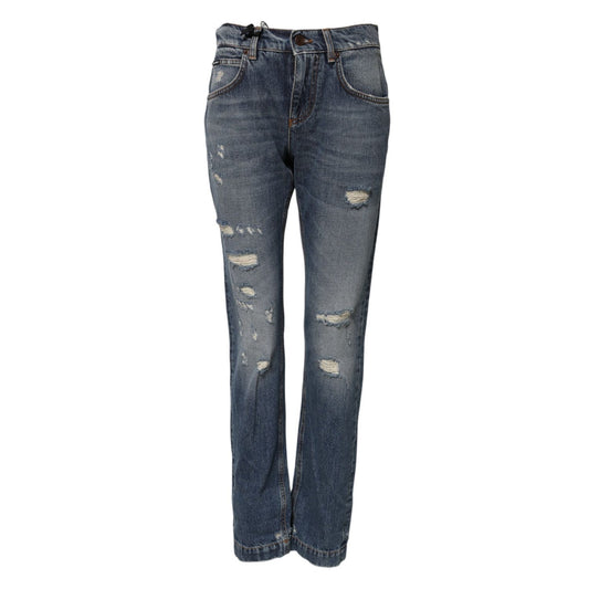 Dolce & Gabbana Blue Cotton Tattered Mid Waist Denim Jeans