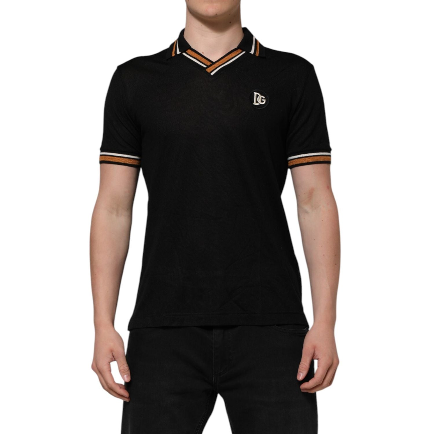 Dolce & Gabbana Black DG Silk Vneck Collared Men Polo T-shirt
