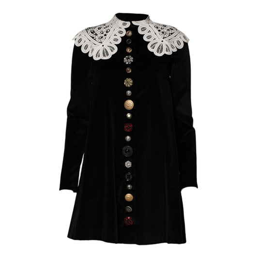 Dolce & Gabbana Black Velvet Lace Collared Embellished Dress