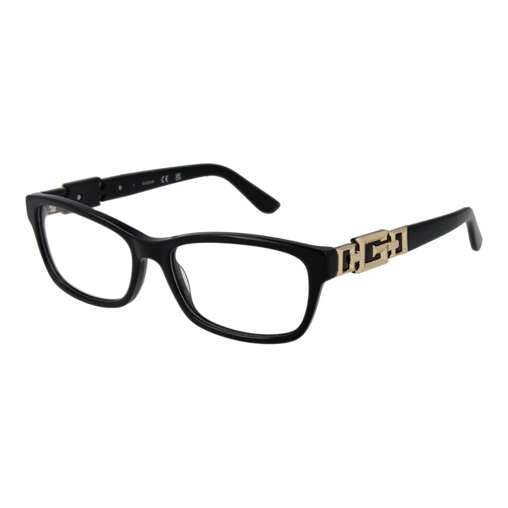Guess Black Women Glasses Frame in full-rim acetate, demo lenses, rectangle style, 55-16-145 size, shipped with branded case.