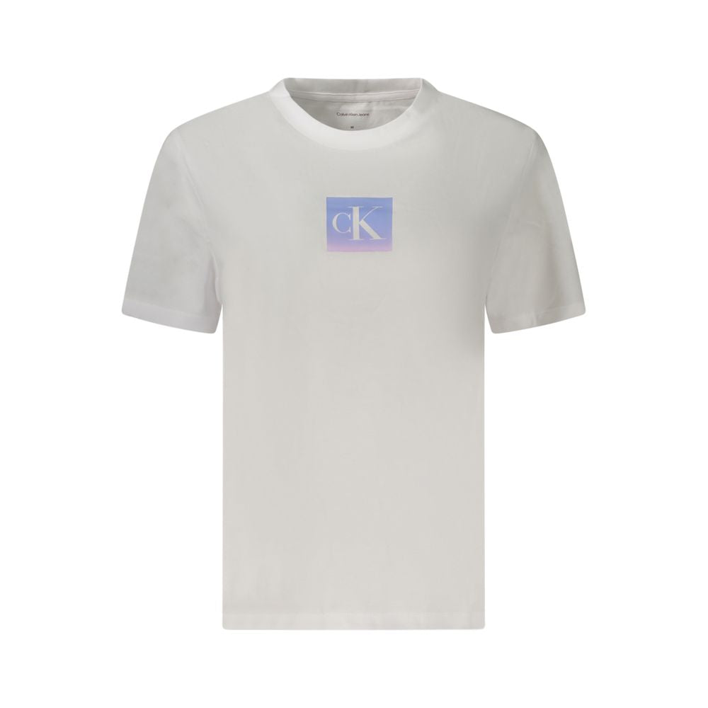 Calvin Klein White Cotton Women T-Shirt with iconic logo print, short sleeve, crew neck, minimalist style, perfect for modern trendsetters.