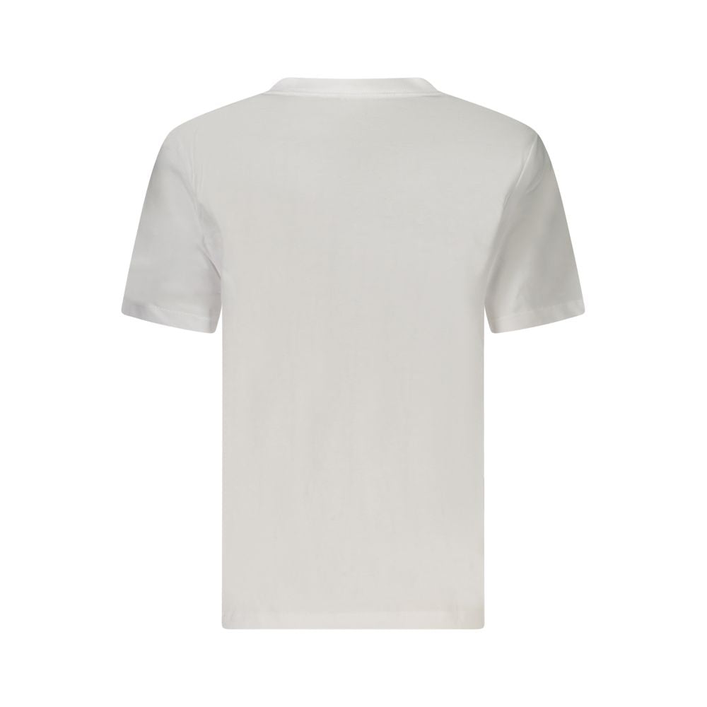 Back view of Calvin Klein White Cotton Women T-Shirt with short sleeves and crew neck, featuring minimalist design and iconic logo print.