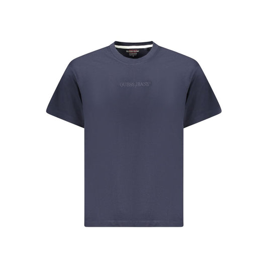Guess Jeans Blue Cotton T-Shirt with short sleeves, oversize fit, crew neck, and logo embroidery, made of 50% organic cotton.
