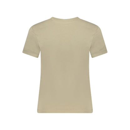 Back view of Guess Jeans Beige Cotton Women T-Shirt with wide neck and logo, crafted from organic cotton and spandex for comfort and style.
