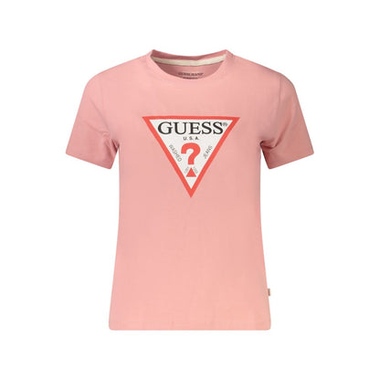 Guess Jeans Pink Cotton Women T-Shirt with logo and bold design, eco-friendly organic cotton, short sleeves, crewneck, fashionable look