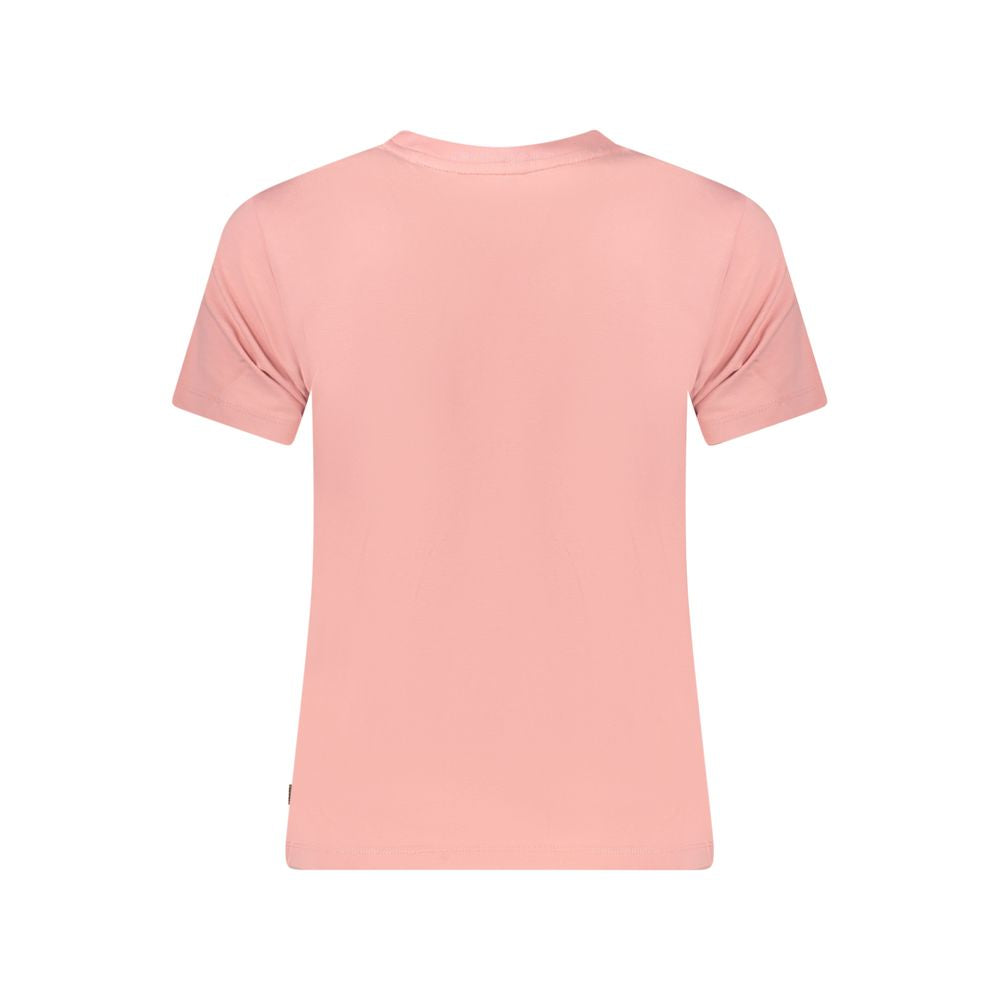 Back view of Guess Jeans Pink Cotton Women T-Shirt, short-sleeved crew-neck top in eco-friendly fabric with bold design.