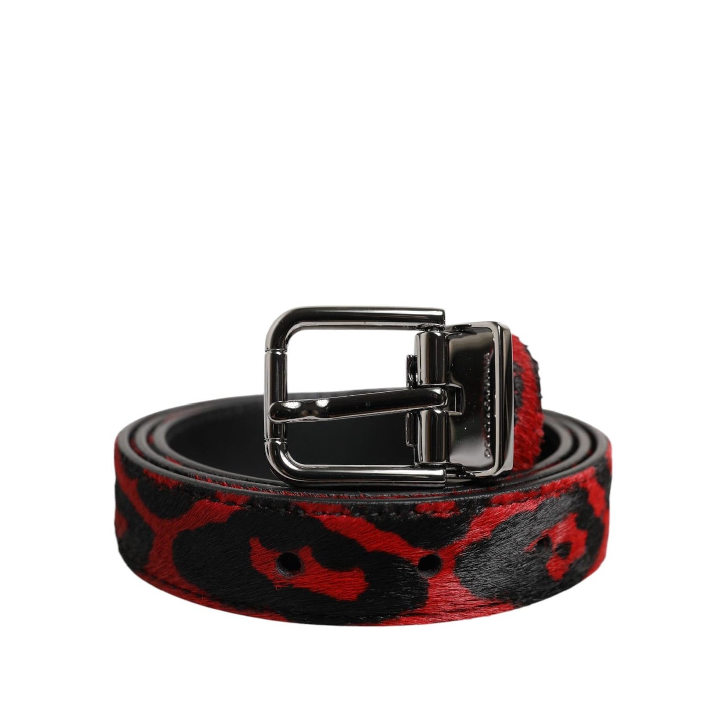 Dolce & Gabbana Black Red Leopard Silver Metal Buckle Belt