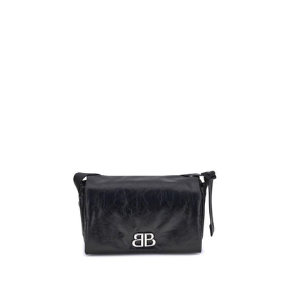 Balenciaga Black Calf Leather Bos Taurus Shoulder Bag with silver-tone logo plaque and adjustable strap.