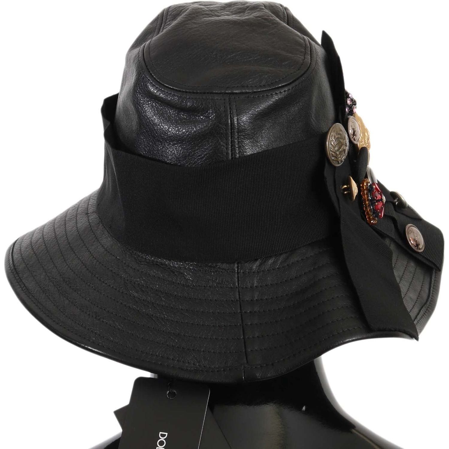 Dolce & Gabbana Black Leather DG Coin Crystal Wide Brim Hat
