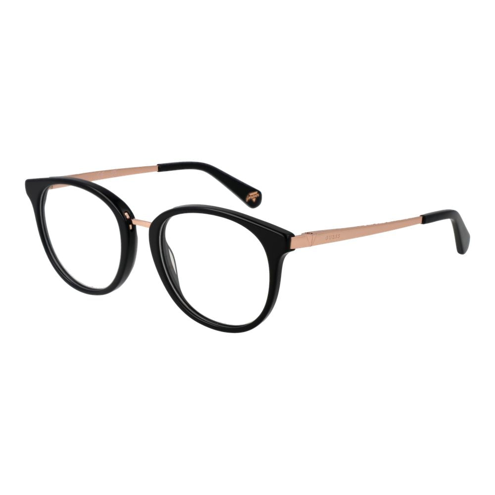 Guess Black Unisex Glasses Frame, full-rim acetate, round style with demo plastic lenses, includes branded case, 51mm width, 140mm temples.