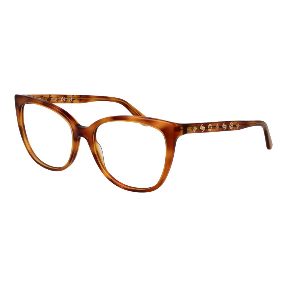 Guess Brown Women Glasses Frame with acetate full-rim butterfly style and spring hinge, includes branded case.