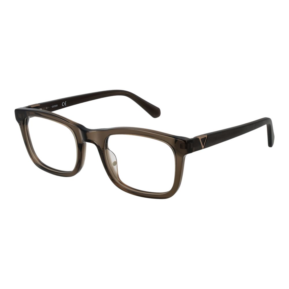 Guess Brown Men Glasses Frame, full-rim rectangle style with plastic material in brown, featuring spring hinge and branded case included.