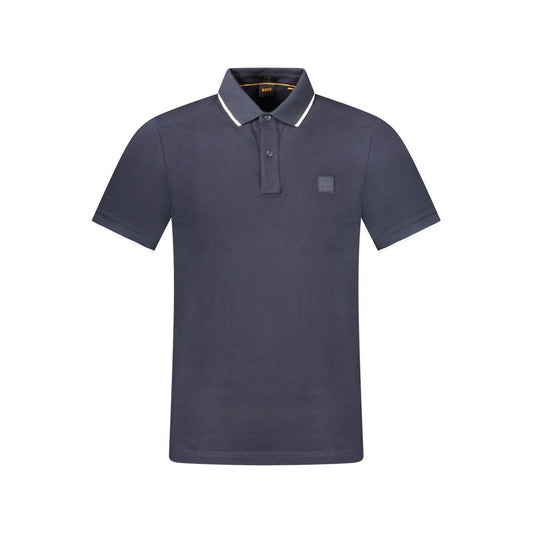 Alt Tag: Hugo Boss Blue Cotton Polo Shirt with short sleeves, slim fit, 2 buttons, contrasting details, embroidery and logo.