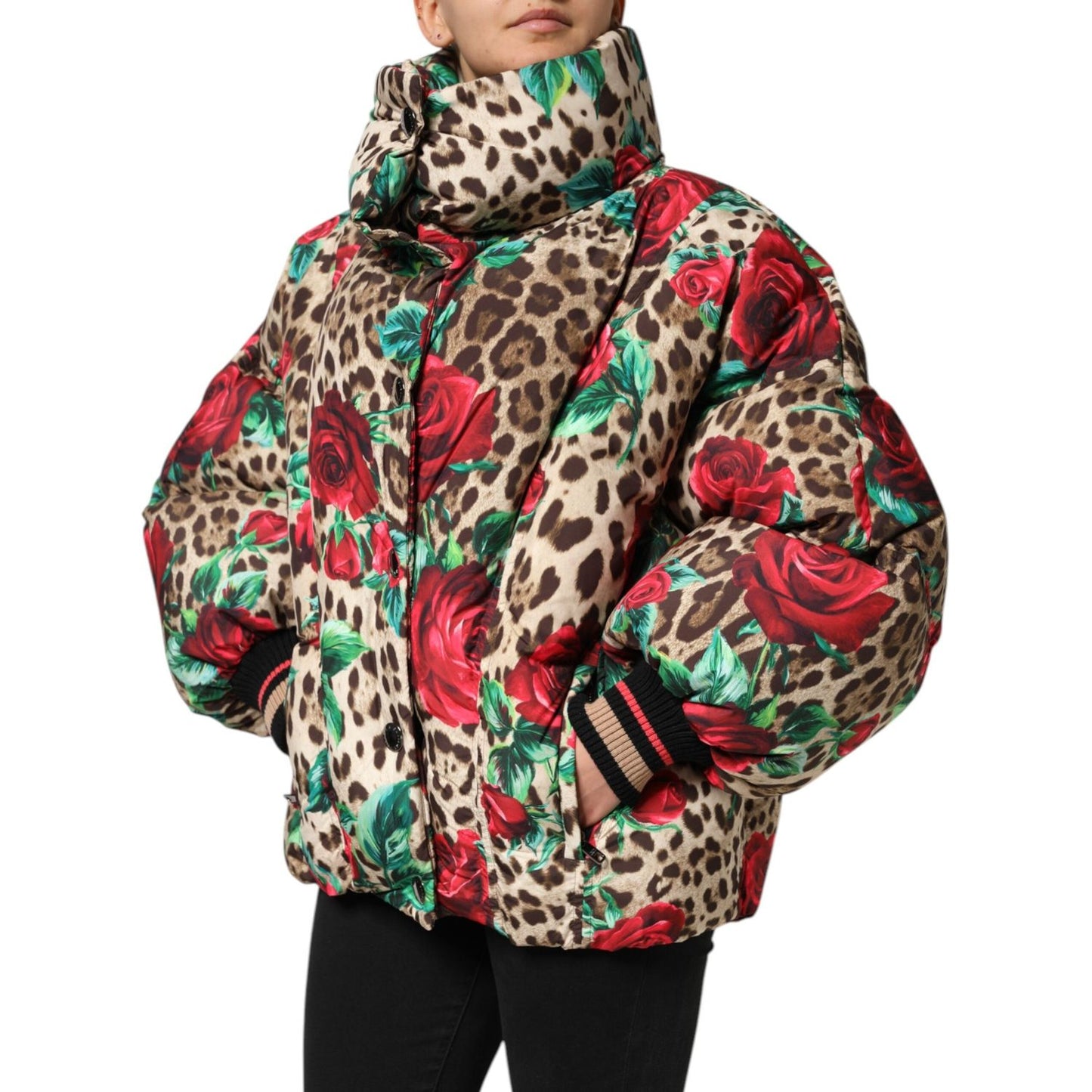 Dolce & Gabbana Multicolor Leopard Rose Puffer Quilted Jacket