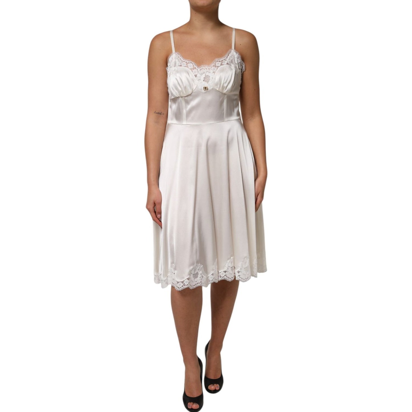 Dolce & Gabbana White Lace DG Logo Silk Dress Sleepwear