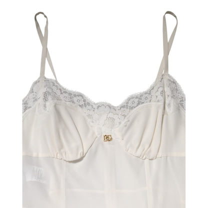 Dolce & Gabbana White Lace Gold DG Logo Silk Dress Sleepwear
