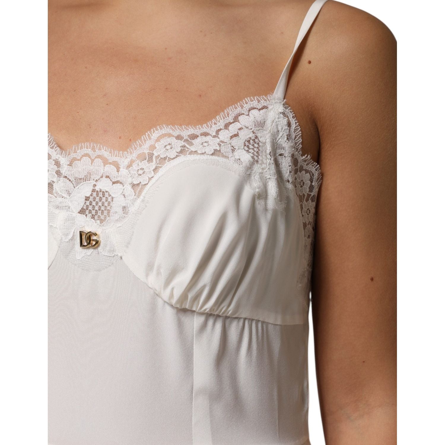 Dolce & Gabbana White Lace Gold DG Logo Silk Dress Sleepwear