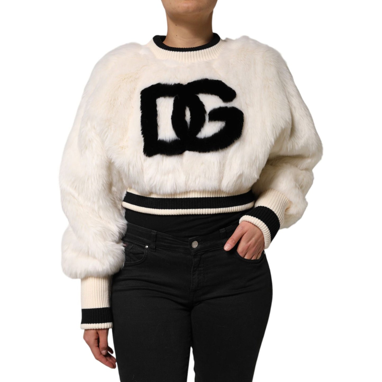 Dolce & Gabbana White Cropped Faux Fur DG Sweatshirt Sweater