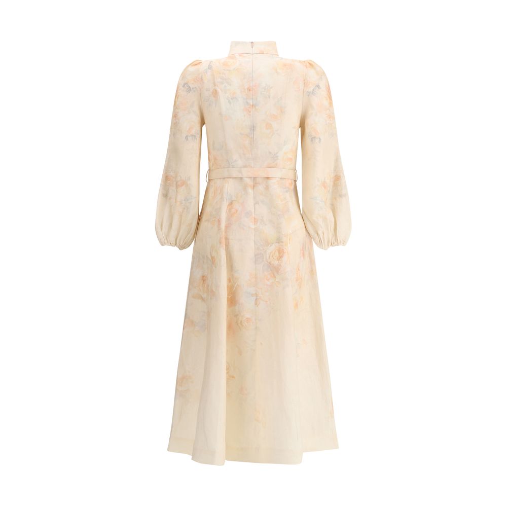 Zimmermann Multicolor Linen Casual Dress with floral design and mandarin collar, featuring puff shoulders and a built-in adjustable belt.