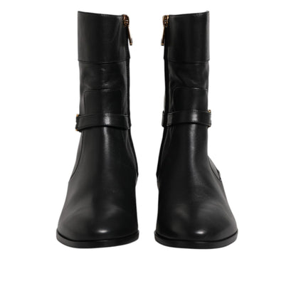 Dolce & Gabbana Black Leather Flats Logo Short Boots Shoes