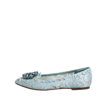 Dolce & Gabbana Blue Lace Crystal Ballet Flats Loafers Shoes