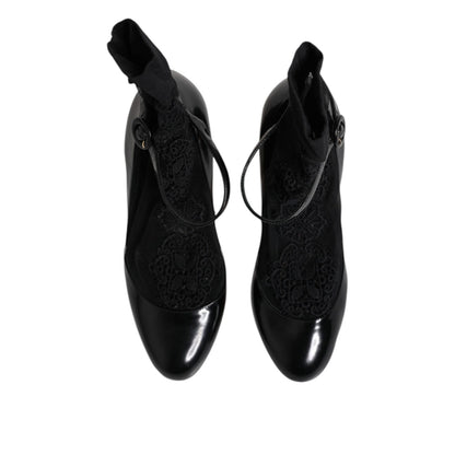 Dolce & Gabbana Black Leather Lace Socks Heels Pumps Shoes