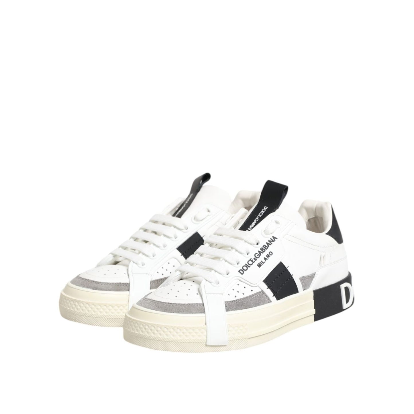 Dolce & Gabbana White Black Leather Low Top Sneakers Shoes