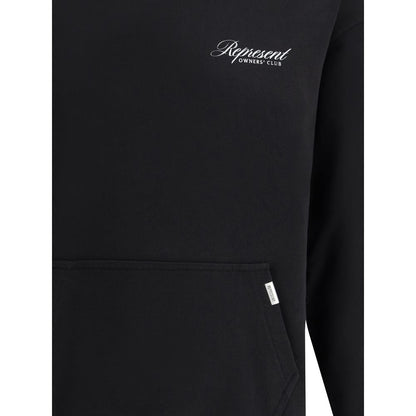 Represent Black Cotton Sweatshirt with iconic brand monogram printed on the front and front kangaroo pocket.