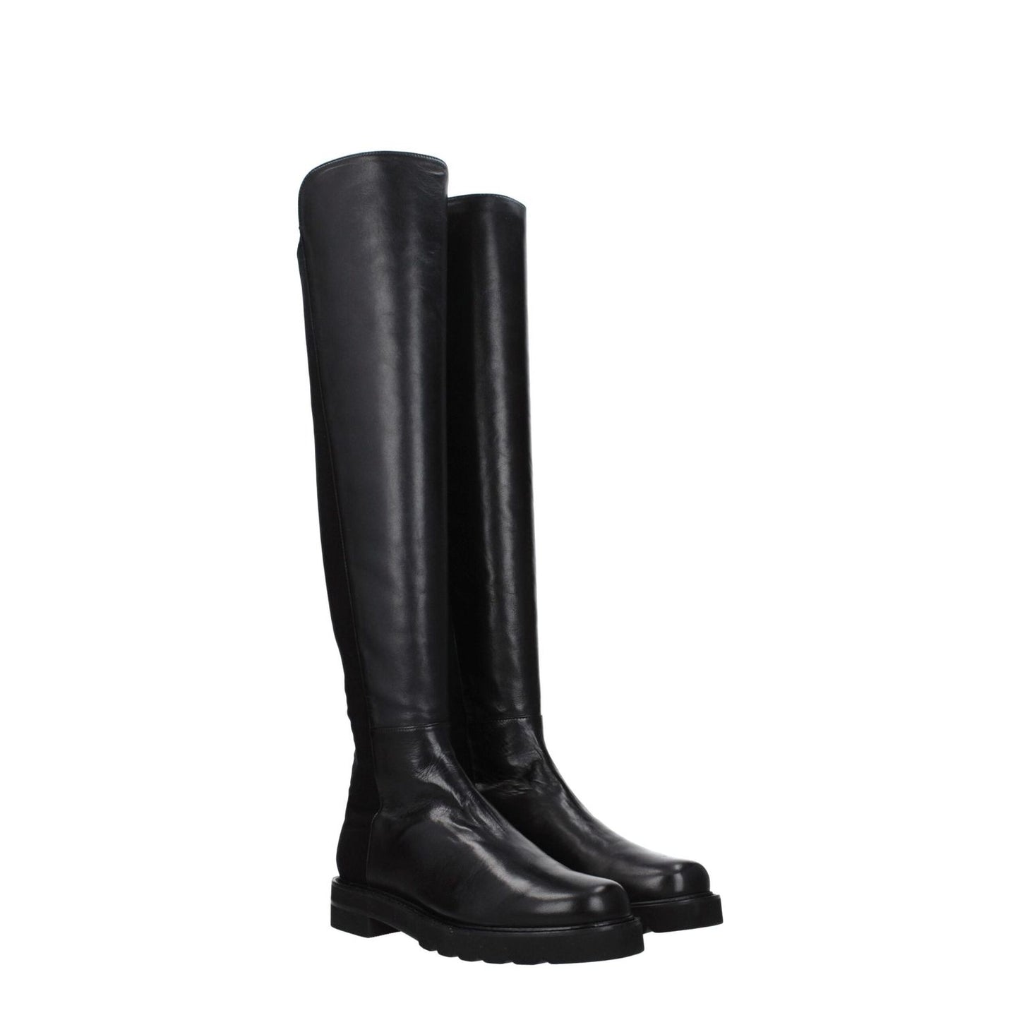 Stuart Weitzman Black Leather Over The Knee boots with round toe and mid heels, featuring an aged effect and rubber sole.