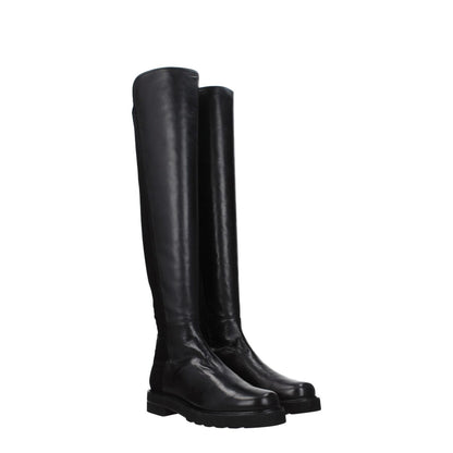 Stuart Weitzman Black Leather Over The Knee boots with round toe and mid heels, featuring an aged effect and rubber sole.