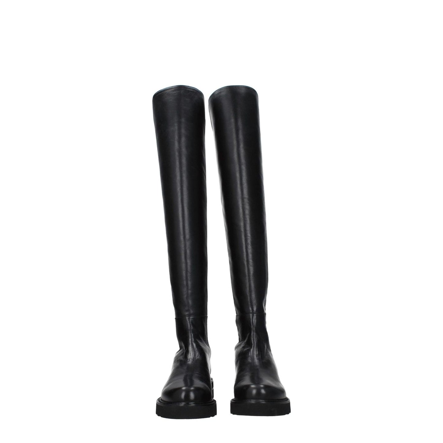 Stuart Weitzman Black Leather Over The Knee boots with aged effect, round toe, and mid heels, casual style with rubber sole.