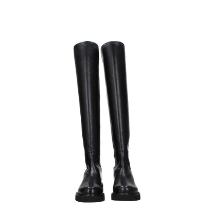 Stuart Weitzman Black Leather Over The Knee boots with aged effect, round toe, and mid heels, casual style with rubber sole.