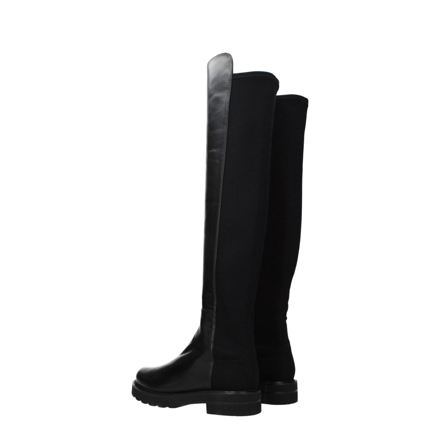 Stuart Weitzman Black Leather Over The Knee boots with aged effect, casual style, 3.5 cm mid heels, round toe, and rubber sole.