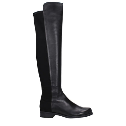 Stuart Weitzman Black Leather Over The Knee boots with round toe, low flat heel, casual style, and vintage effect.