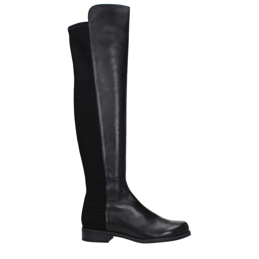 Stuart Weitzman Black Leather Over The Knee boot with vintage effect, round toe, and low flat heel, MPN 5050NSGS3999BLK.