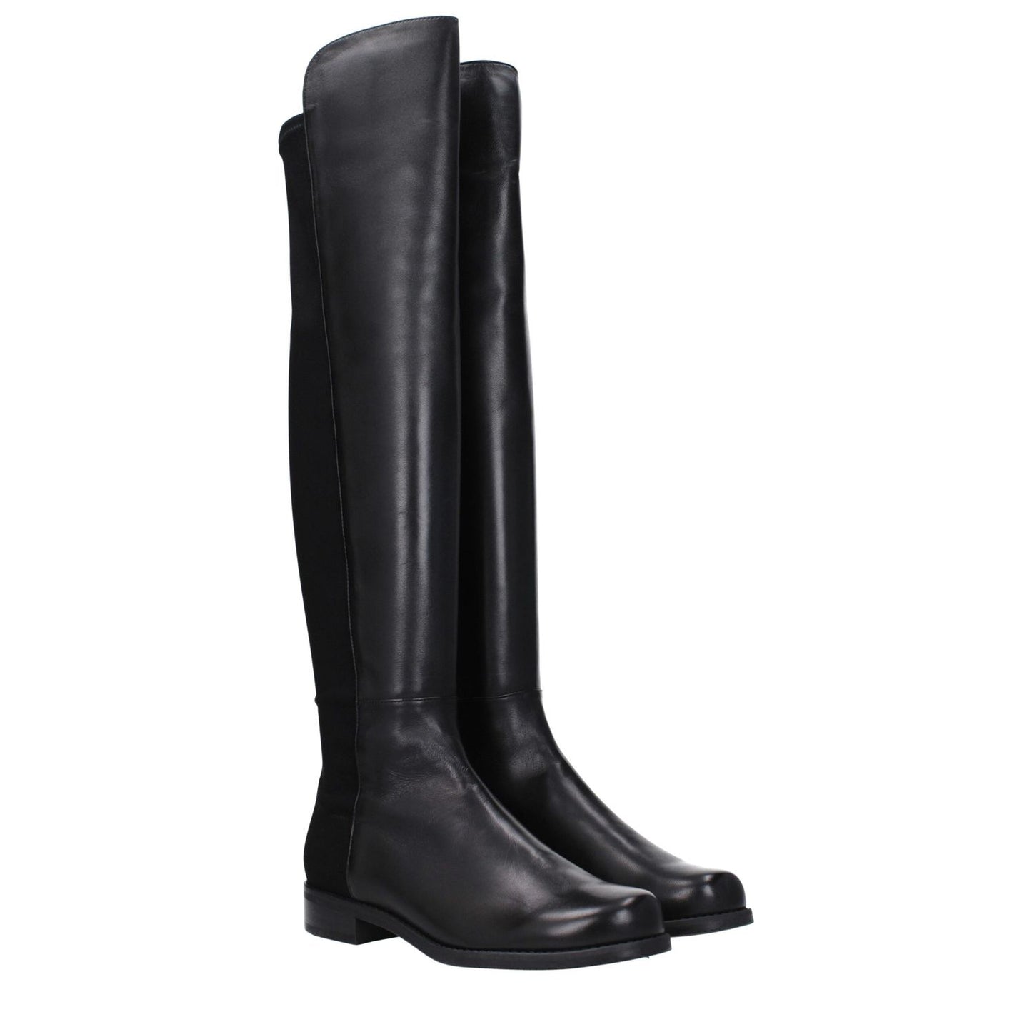 Stuart Weitzman Black Leather Over The Knee boots with vintage effect, casual style, round toe, low flat heel, rubber sole.