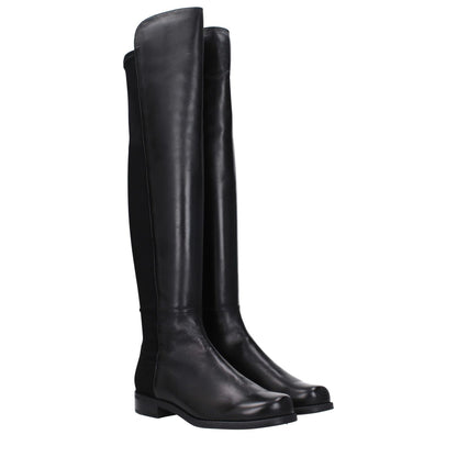 Stuart Weitzman Black Leather Over The Knee boots with vintage effect, casual style, round toe, low flat heel, rubber sole.