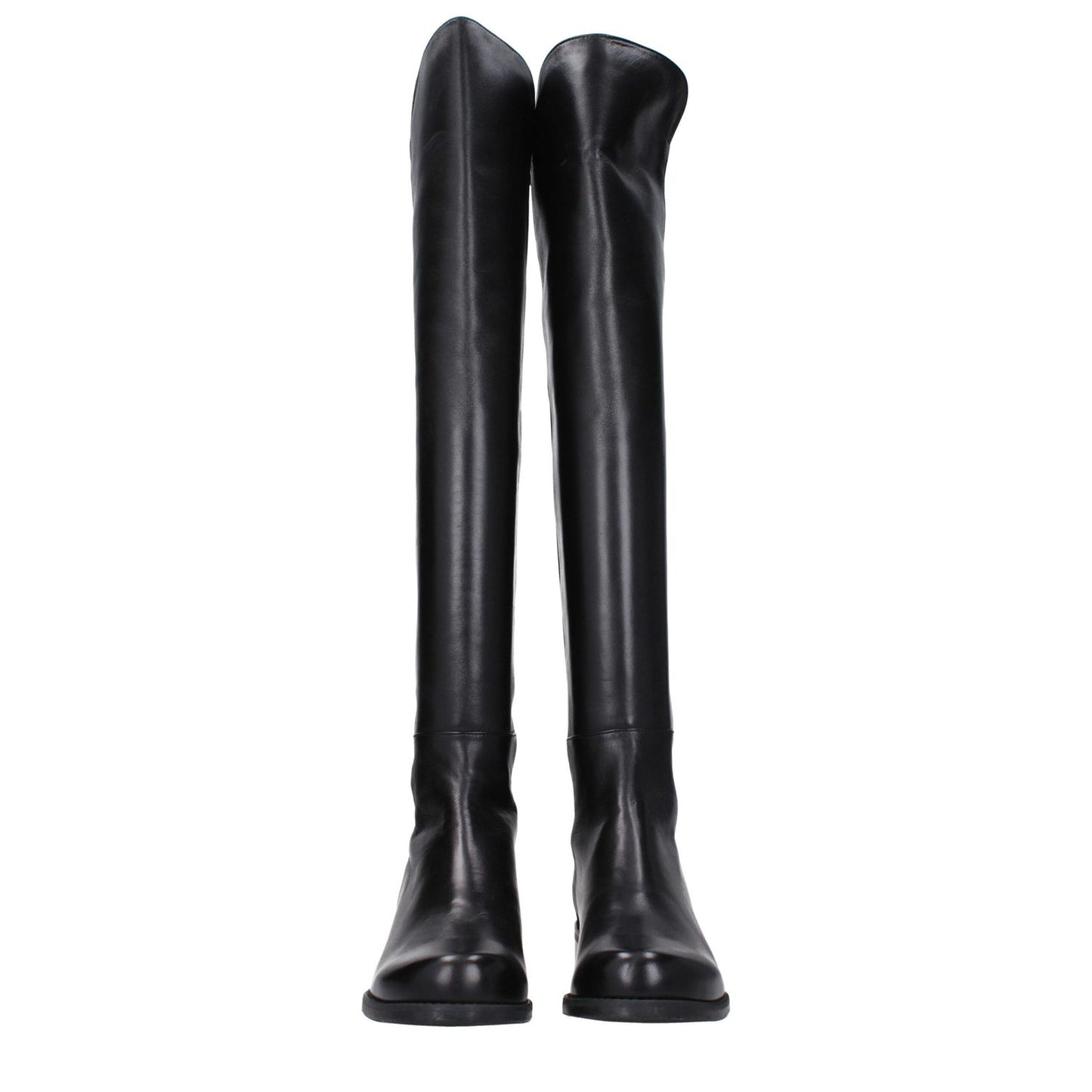Stuart Weitzman Black Leather Over The Knee boots with vintage effect, round toe, low flat heel, rubber sole, casual style.